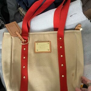 Beige and Red Canvas Backpack